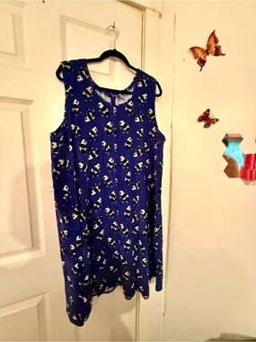 Handmade Corduroy Blue Panda Print Sleeveless Dress